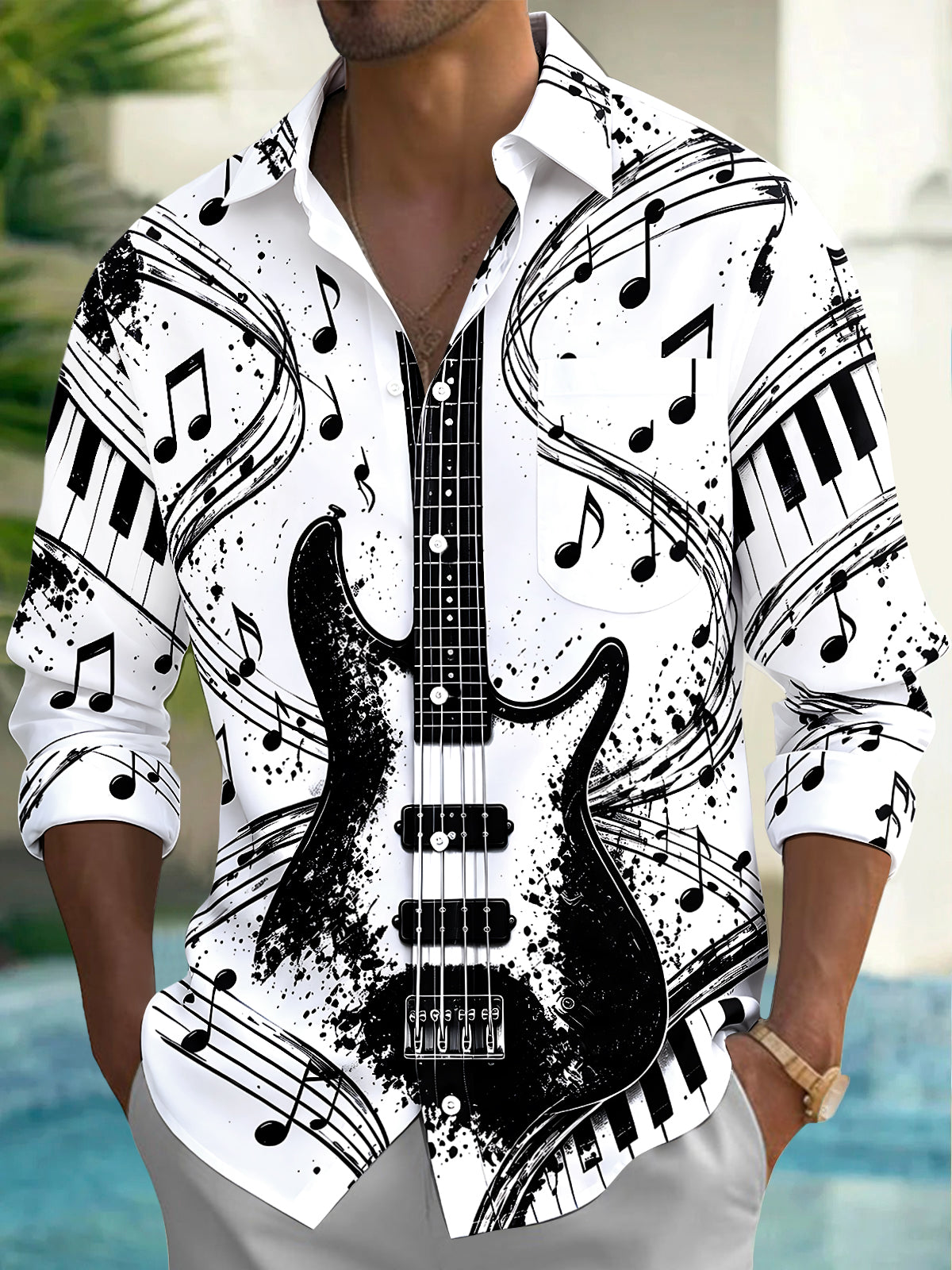 Adaychic Men's Long Sleeve Shirt - Electric Guitar And Piano Keys With Musical Notes Print with Chest Pocket