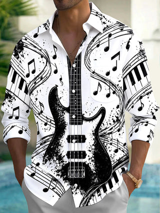 Adaychic Men's Long Sleeve Shirt - Electric Guitar And Piano Keys With Musical Notes Print with Chest Pocket