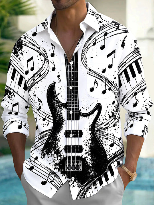 Adaychic Men's Long Sleeve Shirt - Electric Guitar And Piano Keys With Musical Notes Print with Chest Pocket