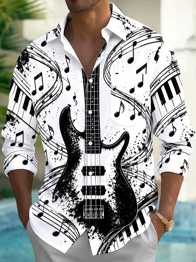 Adaychic Men's Long Sleeve Shirt - Electric Guitar And Piano Keys With Musical Notes Print with Chest Pocket