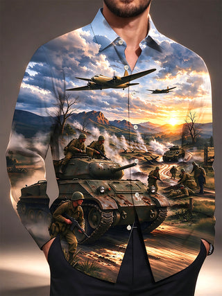 Adaychic Men's Long Sleeve Shirt - World War II Battlefield Scene With Tanks And Soldiers Print with Chest Pocket