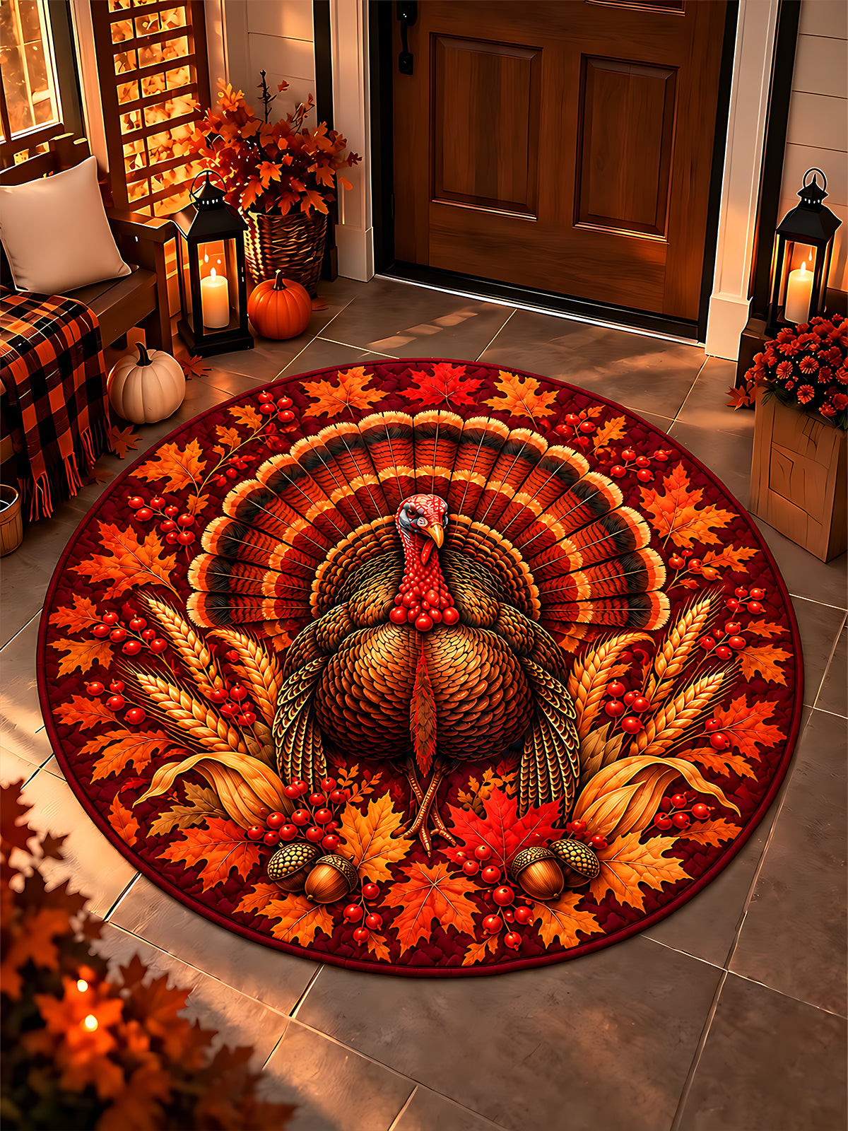 Adaychic Thanksgiving Day Turkey Maple leaf Round Area Rug