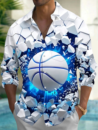 Adaychic Men's Graphic 3D Basketball Shattering Wall Print Long Sleeve Shirt with Chest Pocket