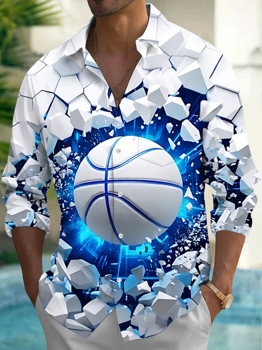 Adaychic Men's Graphic 3D Basketball Shattering Wall Print Long Sleeve Shirt with Chest Pocket