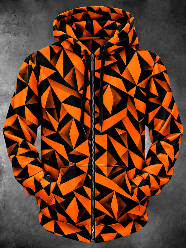 Adaychic Men's 3D Geometric 3D Diamond Pattern Long Sleeve Zip-Up Hoodie with Kangaroo Pocket