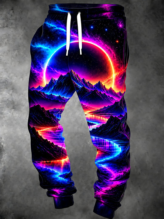 Adaychic Men's Retro Synthwave Mountain Landscape With Neon Sun Print Pants