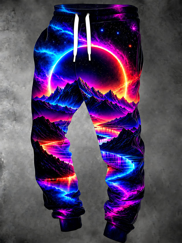 Adaychic Men's Retro Synthwave Mountain Landscape With Neon Sun Print Pants