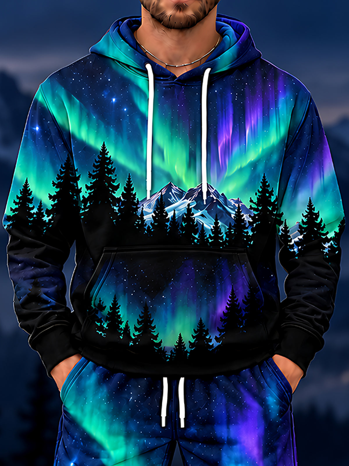 Adaychic Men's Long Sleeve Hoodie - Aurora Borealis And Mountain Forest Landscape Print