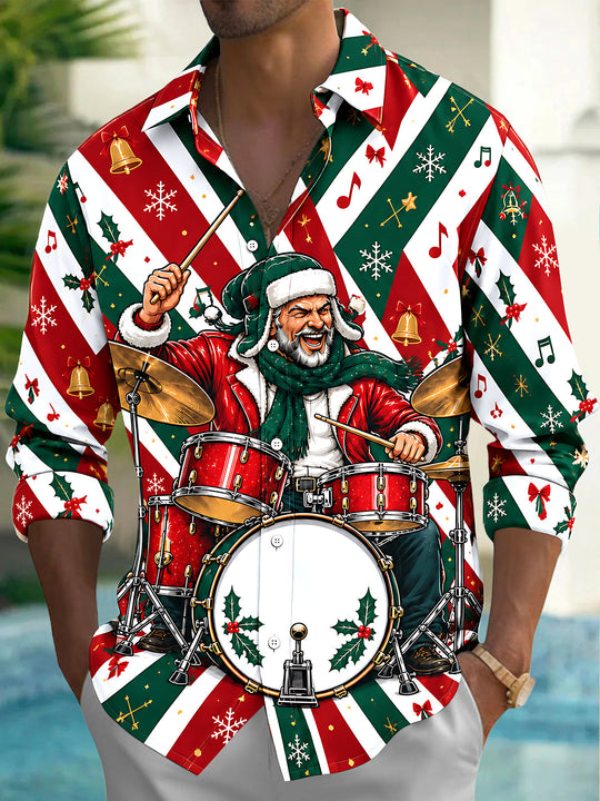 Adaychic Men's Graphic Santa Claus Playing Drum Set Print Long Sleeve Shirt with Chest Pocket