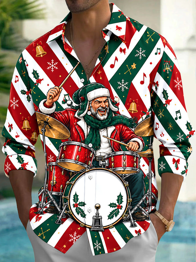 Adaychic Men's Graphic Santa Claus Playing Drum Set Print Long Sleeve Shirt with Chest Pocket