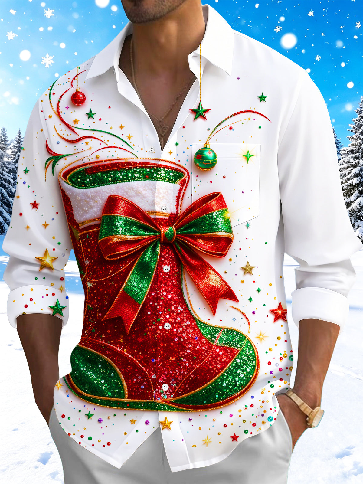 Adaychic Men's Long Sleeve Shirt - Christmas Stocking With Bow And Ornaments Print with Chest Pocket