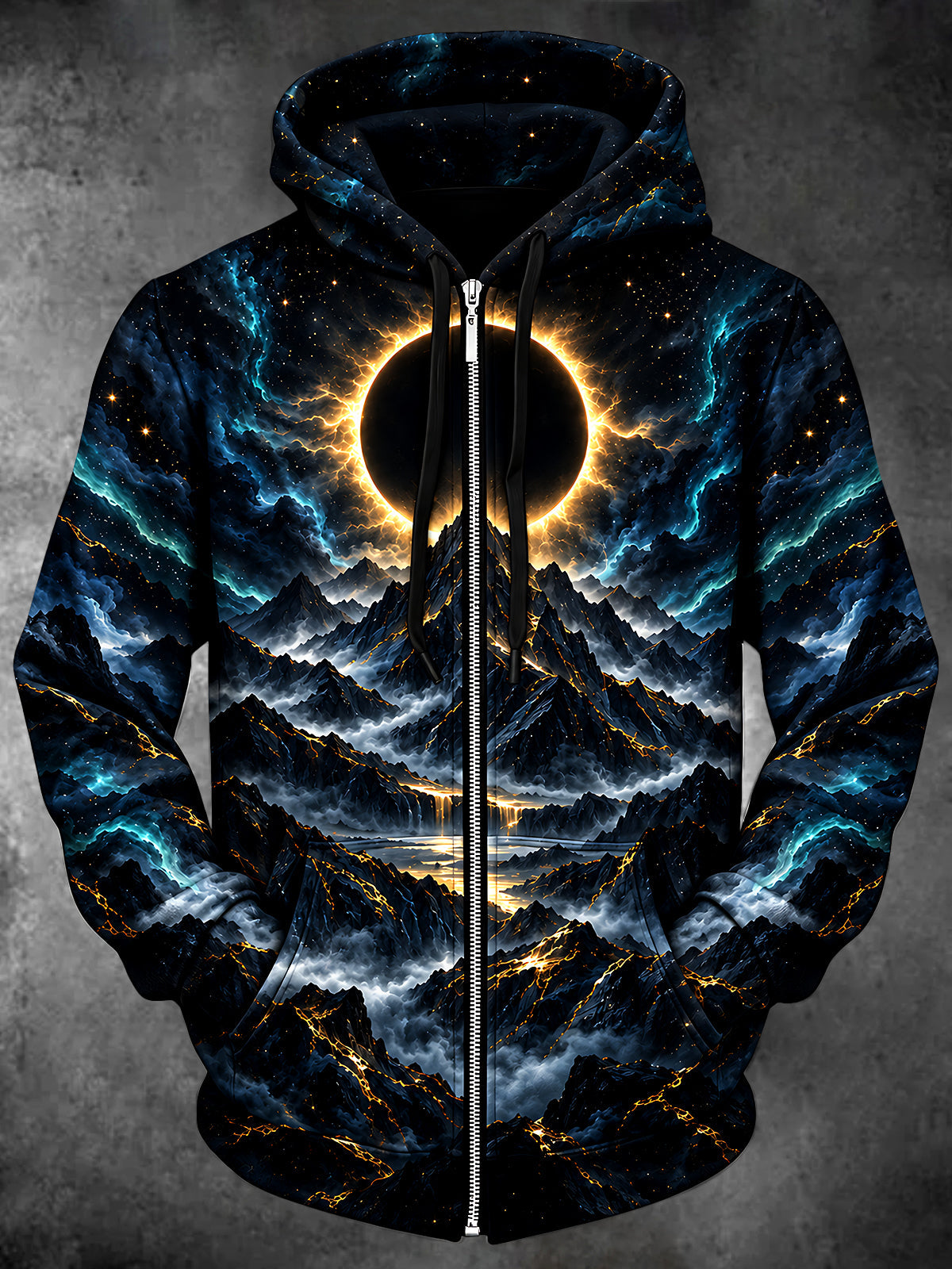 Adaychic Men's Eclipse And Mountain Landscape Print Long Sleeve Zip-Up Hoodie