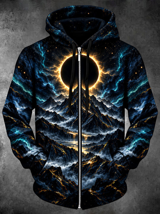 Adaychic Men's Eclipse And Mountain Landscape Print Long Sleeve Zip-Up Hoodie