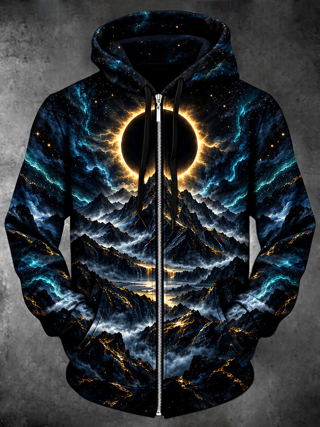 Adaychic Men's Eclipse And Mountain Landscape Print Long Sleeve Zip-Up Hoodie