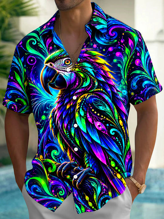 Adaychic Men's Neon Parrot With Swirling Patterns Print Short Sleeve Shirt with Chest Pocket