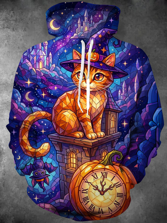 Adaychic Men's Long Sleeve Hoodie - Halloween Geometric Cat In Witch Hat With Pumpkin Clock Print