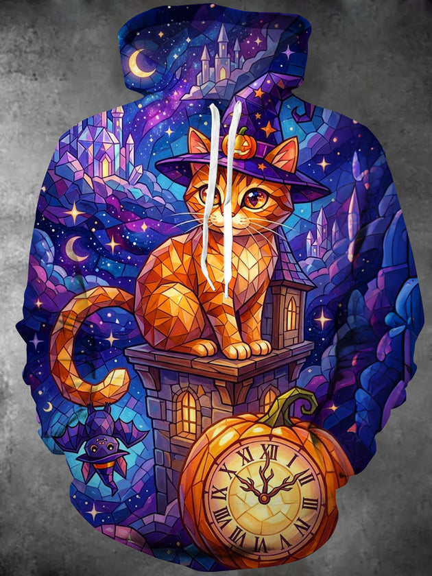 Adaychic Men's Long Sleeve Hoodie - Halloween Geometric Cat In Witch Hat With Pumpkin Clock Print