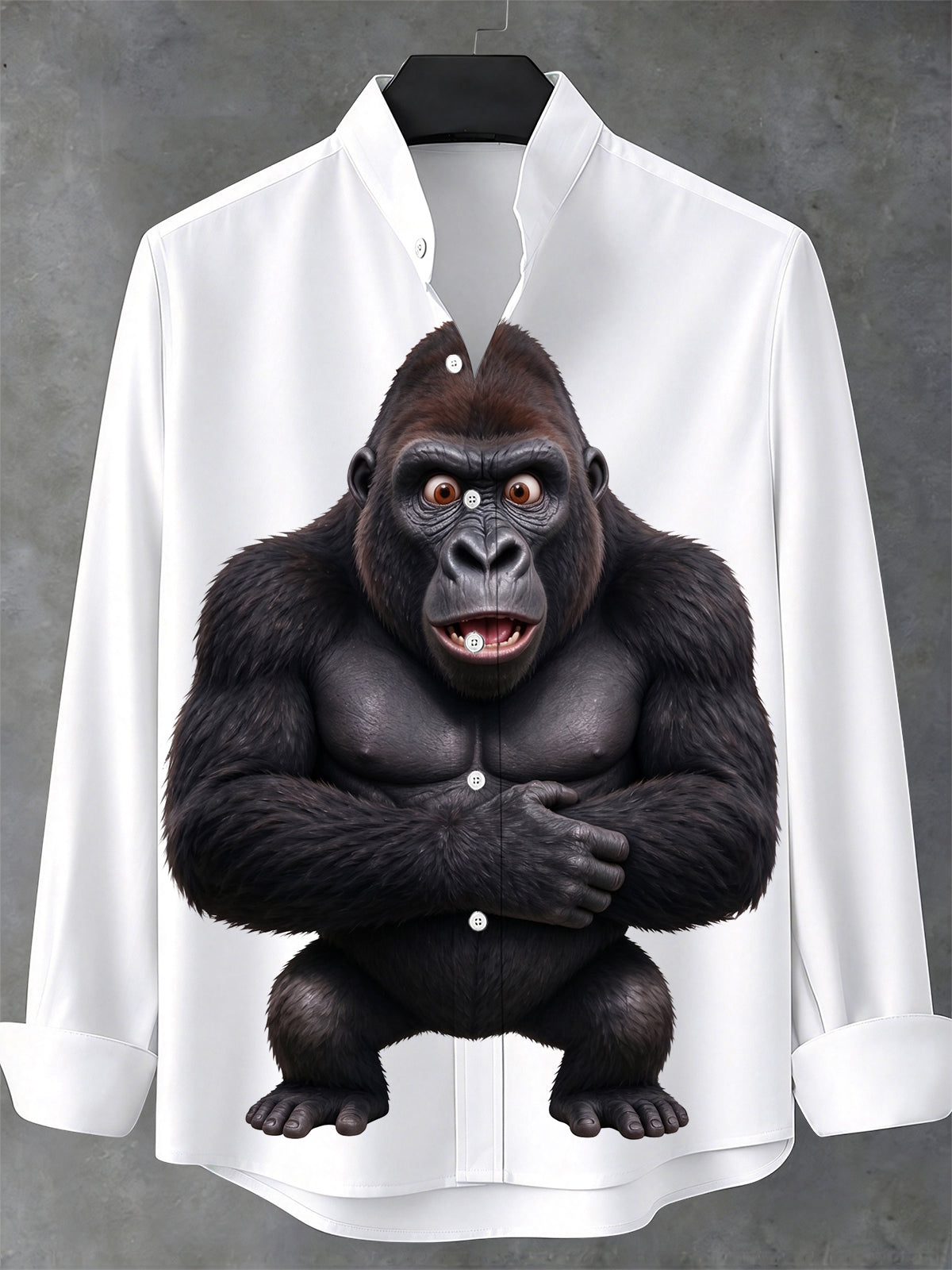 Adaychic Men's Graphic Gorilla Character Print Long Sleeve Stand Collar Shirt