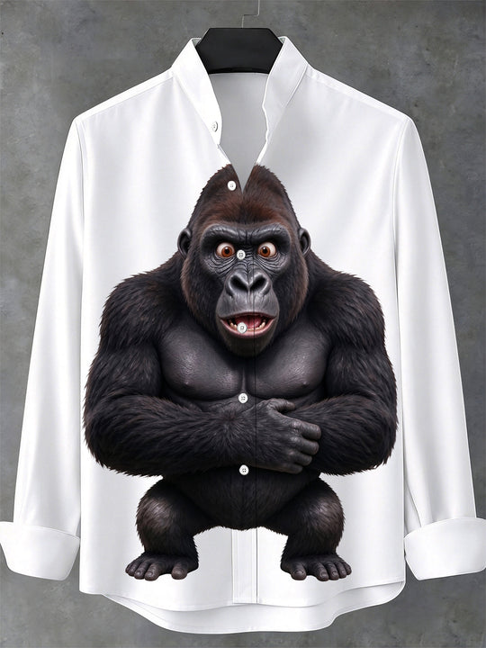 Adaychic Men's Graphic Gorilla Character Print Long Sleeve Stand Collar Shirt