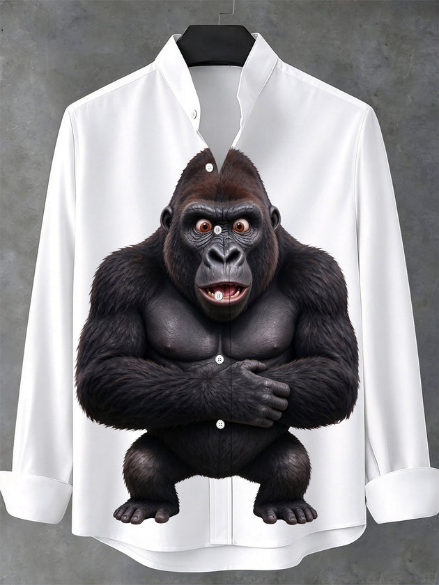 Adaychic Men's Graphic Gorilla Character Print Long Sleeve Stand Collar Shirt