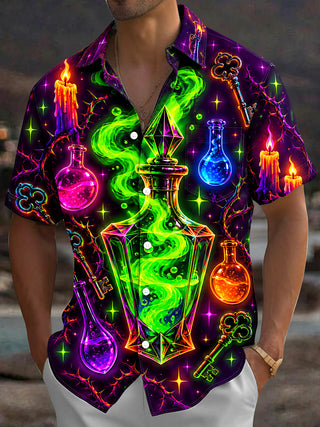 Adaychic Men's Graphic Magic Potion Bottles And Thorns Print Short Sleeve Shirt with Chest Pocket