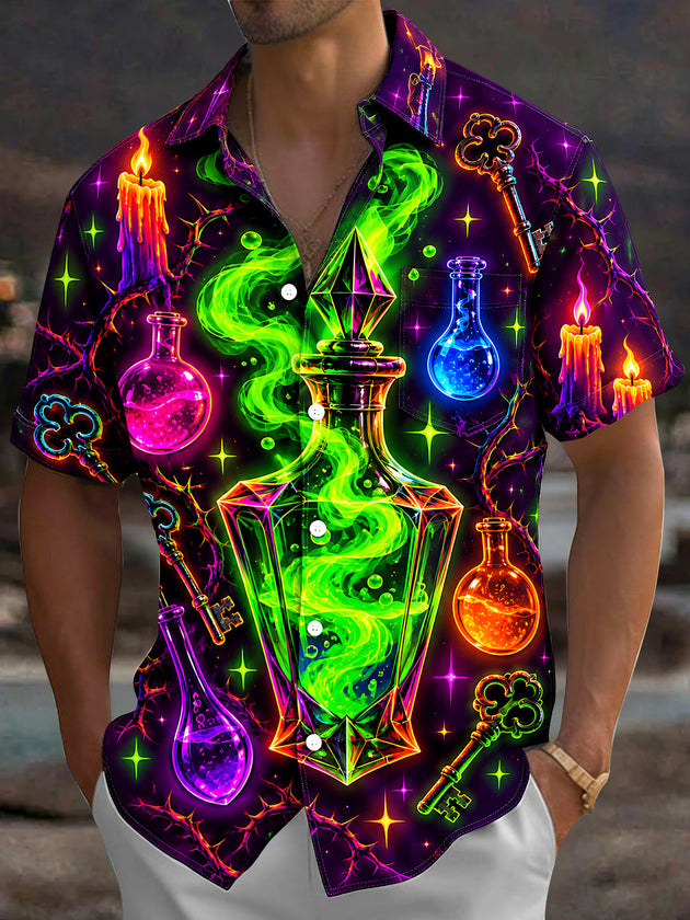 Adaychic Men's Graphic Magic Potion Bottles And Thorns Print Short Sleeve Shirt with Chest Pocket