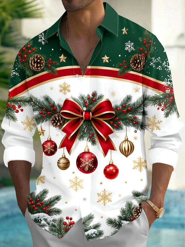 Adaychic Men's Long Sleeve Shirt - Christmas Bow And Ornaments With Pine Branches Print with Chest Pocket