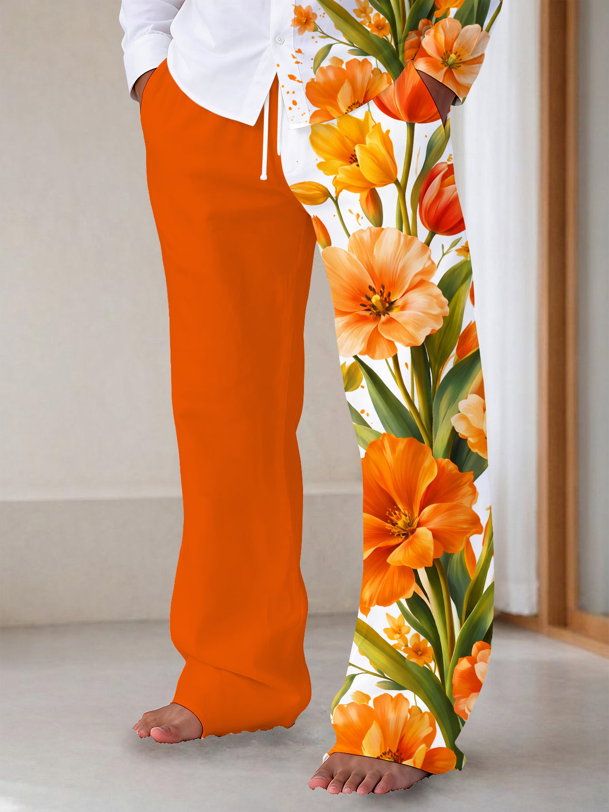 Adaychic Men's Drawstring Elastic-Waist Wide Leg Pants - Orange Tulip Flowers Print with Side Pockets