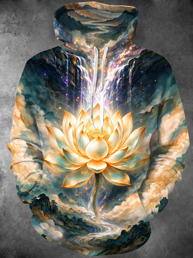 Adaychic Men's Long Sleeve Hoodie - Golden Lotus Flower With Waterfall And Mountain Landscape Print