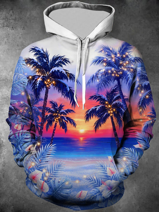 Adaychic Men's Sunset Seaside Scenery With Palm Trees Print Long Sleeve Hoodie