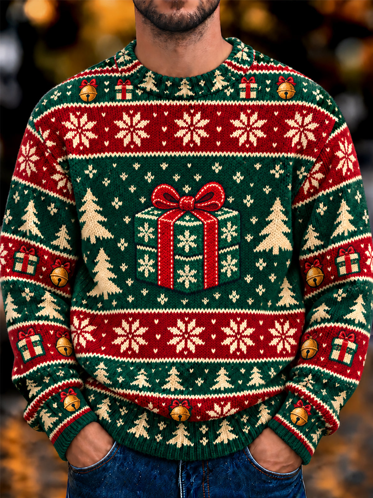 Adaychic Men's Long Sleeve Crew Neck Sweater - Christmas Gift Box And Snowflakes Print