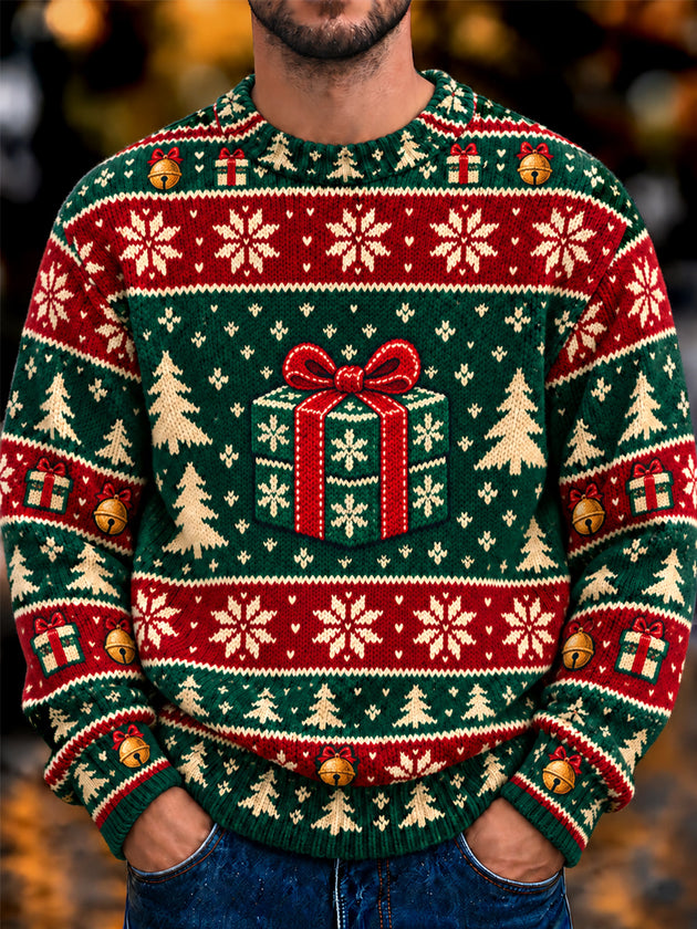 Adaychic Men's Long Sleeve Crew Neck Sweater - Christmas Gift Box And Snowflakes Print
