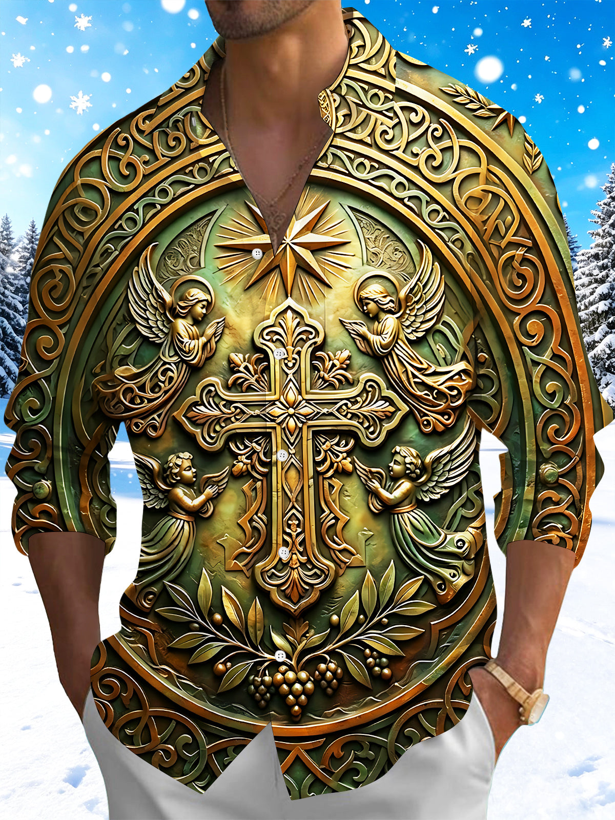 Adaychic Men's Vintage Style Relief Cross And Angels Print Long Sleeve Shirt with Chest Pocket