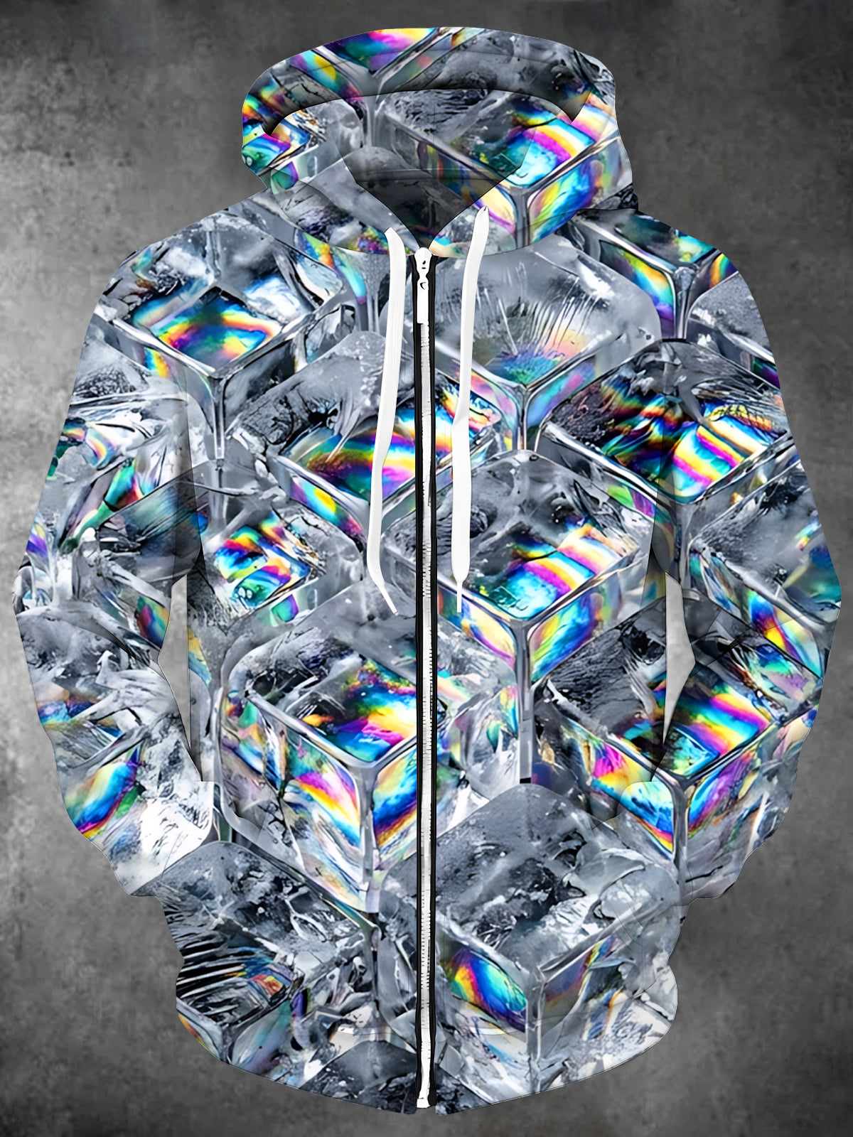 Adaychic Men's 3D 3D Holographic Ice Cubes Print Long Sleeve Zip-Up Hoodie with Kangaroo Pocket