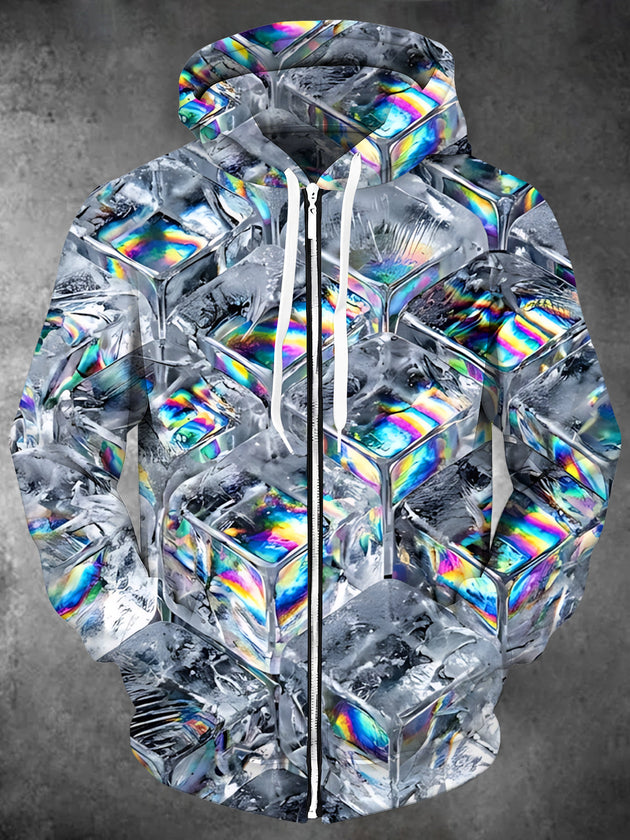 Adaychic Men's 3D 3D Holographic Ice Cubes Print Long Sleeve Zip-Up Hoodie with Kangaroo Pocket