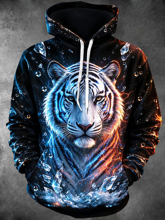 Adaychic Men's White Tiger With Ice And Fire Elements Print Long Sleeve Hoodie