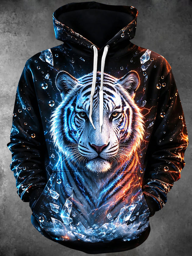 Adaychic Men's White Tiger With Ice And Fire Elements Print Long Sleeve Hoodie