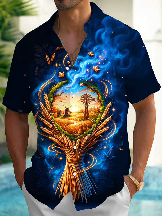 Adaychic Men's Wheat Field And Windmill Landscape Print Short Sleeve Shirt with Chest Pocket