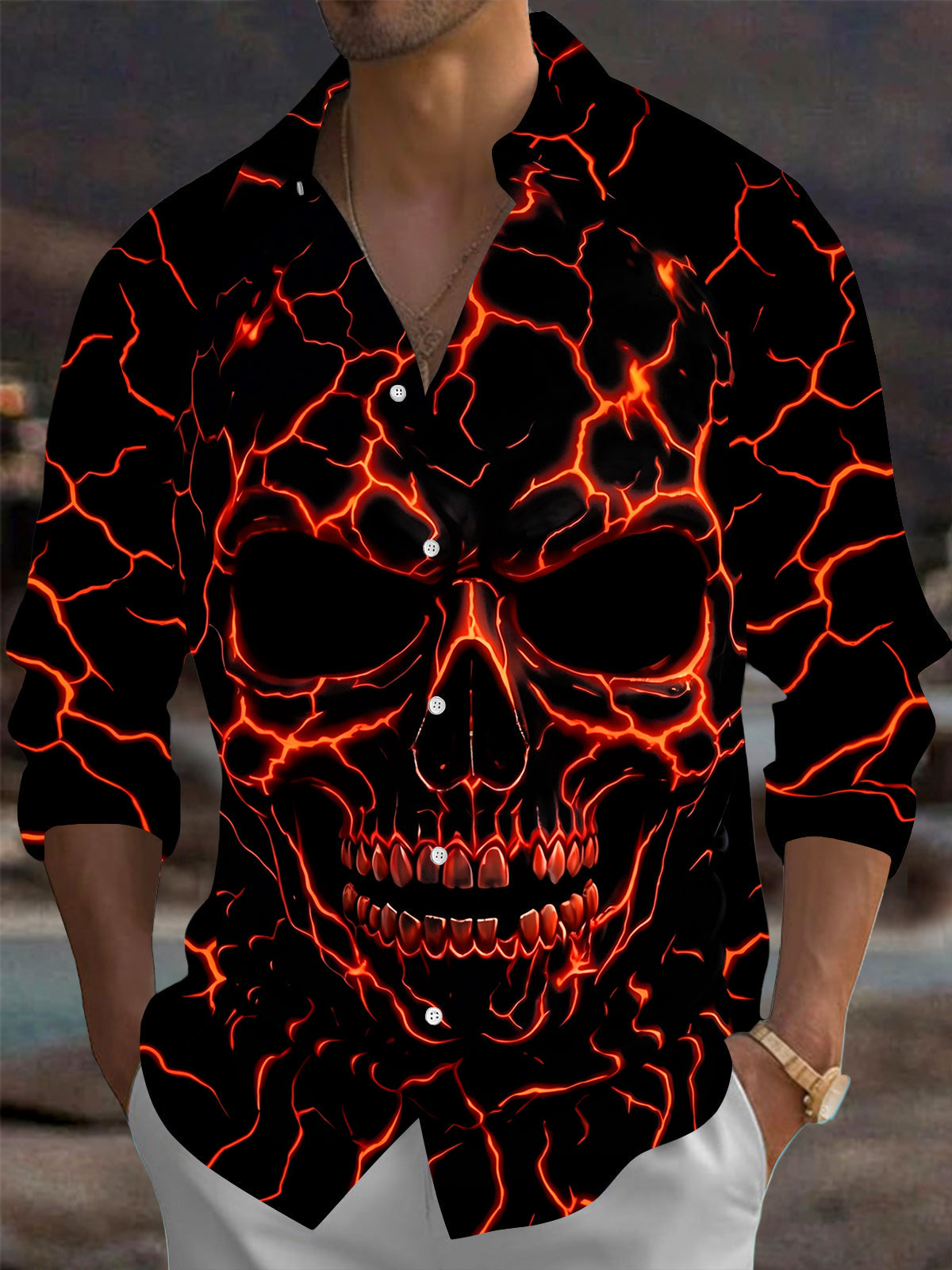 Adaychic Men's Graphic Lava Skull Print Long Sleeve Shirt with Chest Pocket