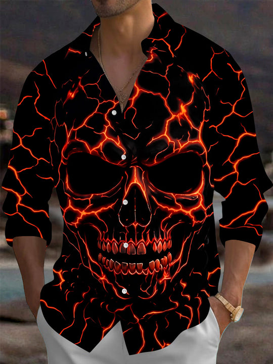 Adaychic Men's Graphic Lava Skull Print Long Sleeve Shirt with Chest Pocket