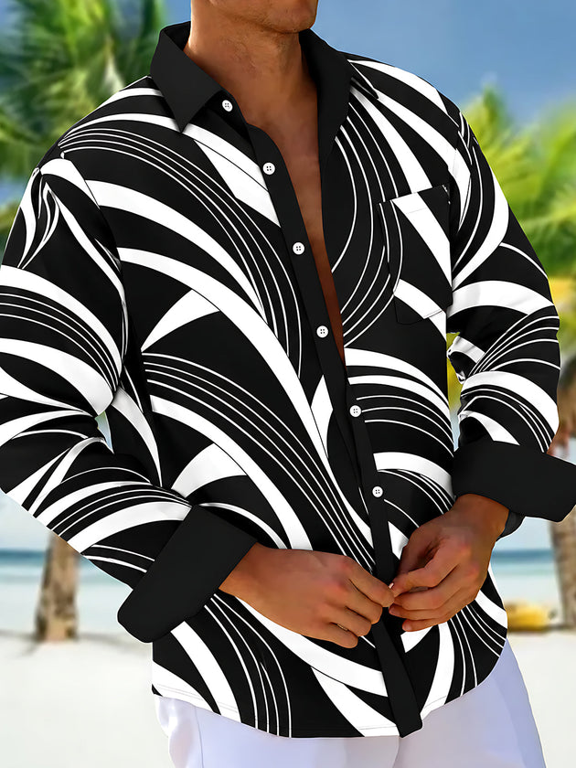 Adaychic Men's Abstract Geometric Curved Lines Print Long Sleeve Shirt with Chest Pocket