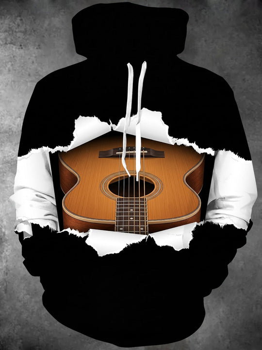 Adaychic Men's Graphic Acoustic Guitar Print Long Sleeve Hoodie