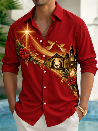 Adaychic Men's Nativity Scene With Poinsettias And Star Print Long Sleeve Shirt with Chest Pocket