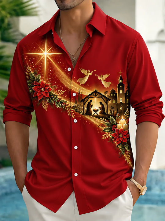 Adaychic Men's Nativity Scene With Poinsettias And Star Print Long Sleeve Shirt with Chest Pocket