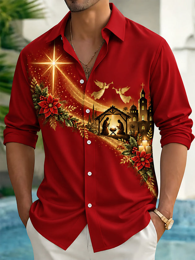 Adaychic Men's Nativity Scene With Poinsettias And Star Print Long Sleeve Shirt with Chest Pocket