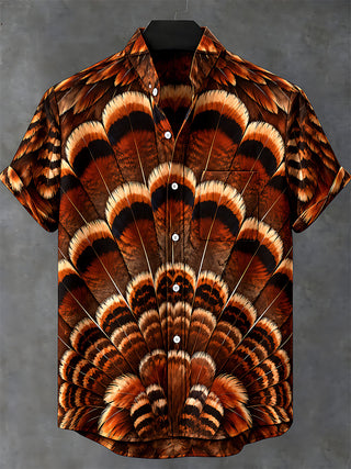 Adaychic Men's Thanksgiving Day Turkey Feathers Print Short Sleeve Shirt with Chest Pocket