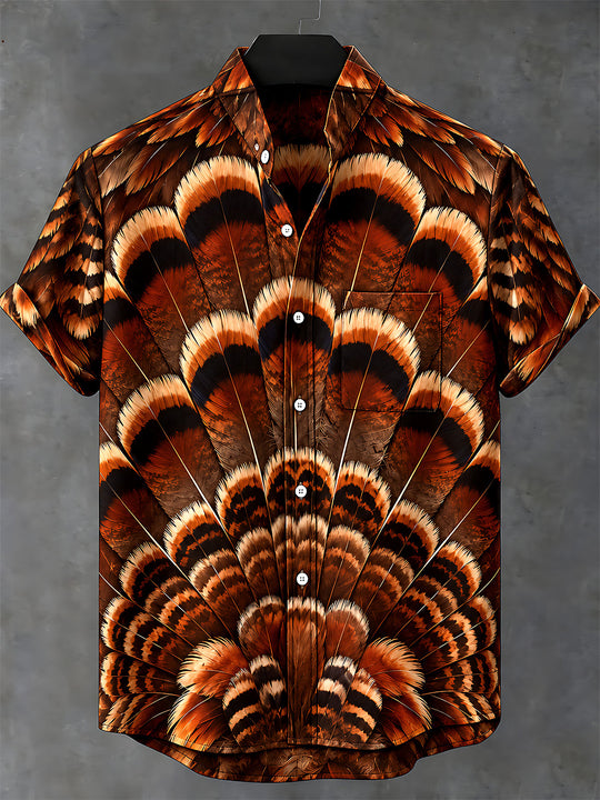 Adaychic Men's Thanksgiving Day Turkey Feathers Print Short Sleeve Shirt with Chest Pocket