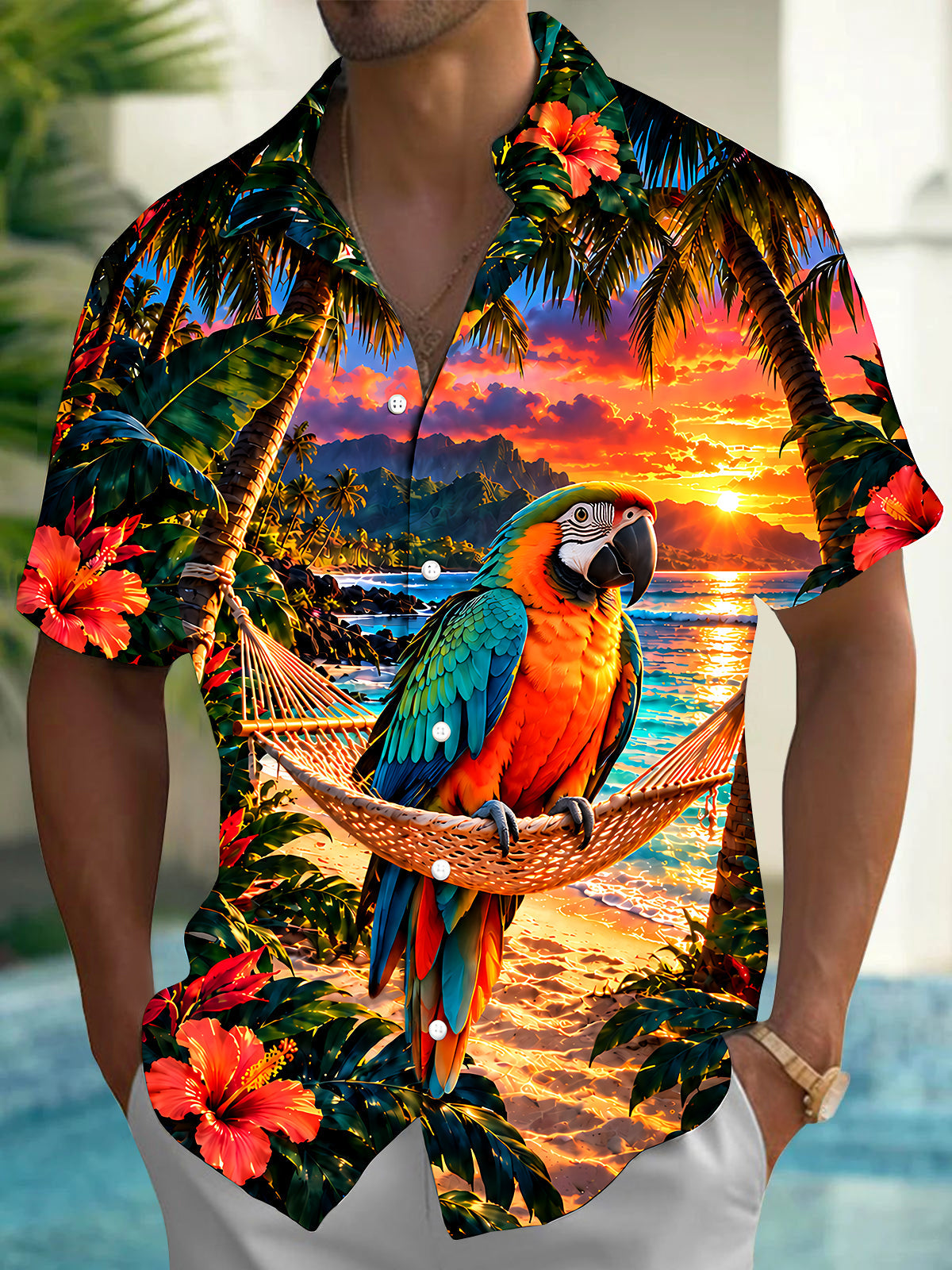 Adaychic Men's Hawaiian Parrot On Hammock Print Short Sleeve Shirt with Chest Pocket