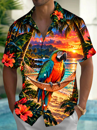 Adaychic Men's Hawaiian Parrot On Hammock Print Short Sleeve Shirt with Chest Pocket