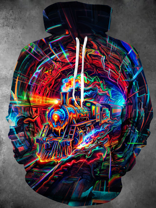 Adaychic Men's Graphic Neon Train In Tunnel Print Long Sleeve Hoodie